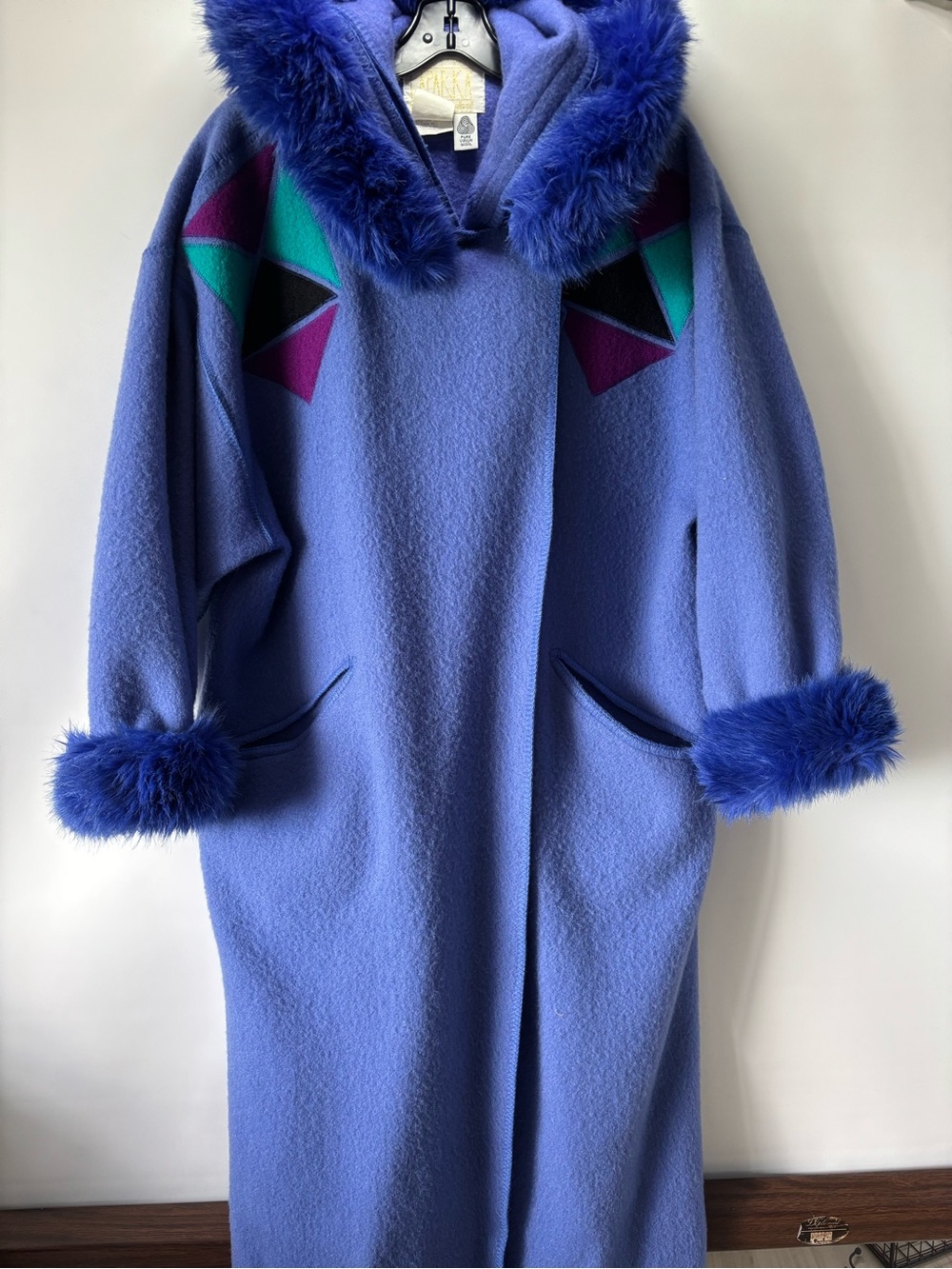 Women's Periwinkle Wool Hooded Laparka with Faux Fur Trim